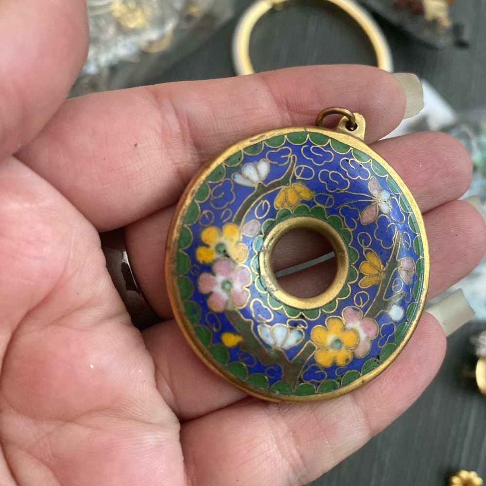 Cloisonné  big Floral Donut Pendant Necklace - Blue & Green